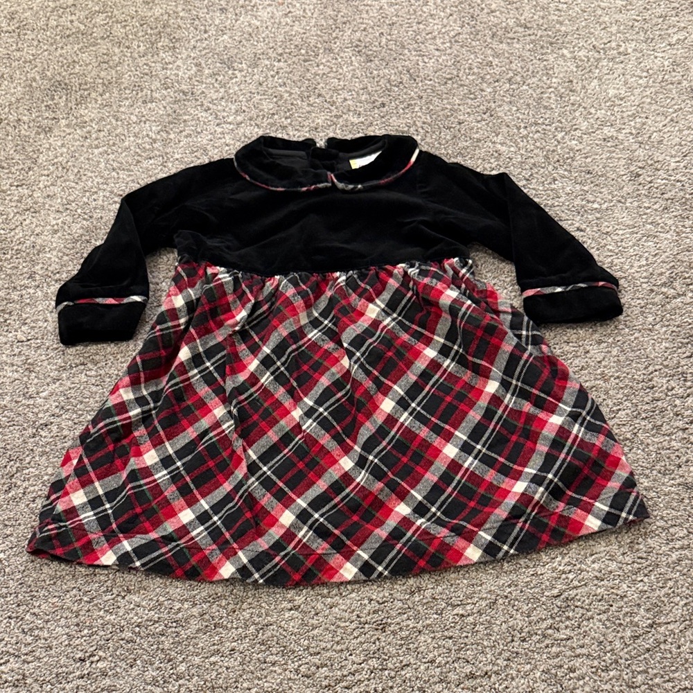 Hanna Andersson Girls Black Velvet Dress with Red Plaid Trim 18-24 months
